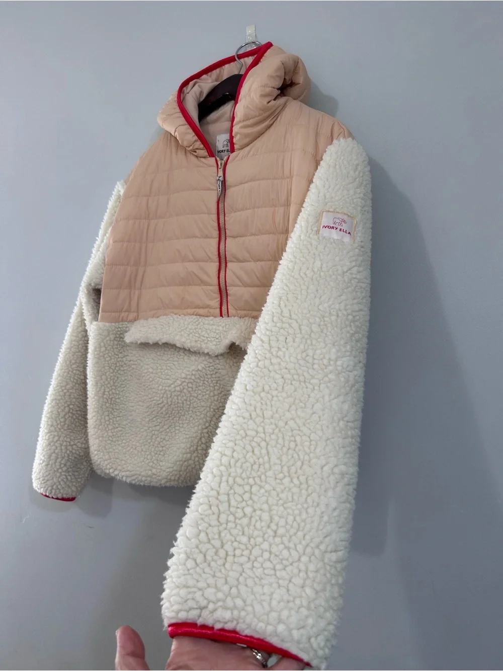 Ivory Ella Claire Mixed Media Sherpa Pullover Jacket. S - Picture 4 of 16